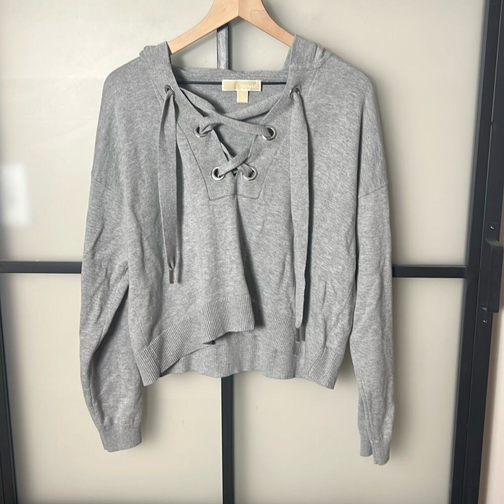 Michael MICHAEL KORS Wms Gray Hooded Pullover Sweater Hockey Lace Up Size Large